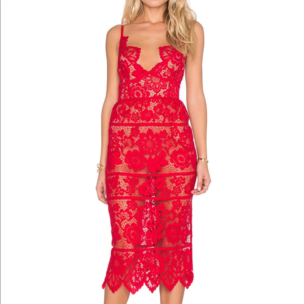 For Love and Lemons red lace midi dress
